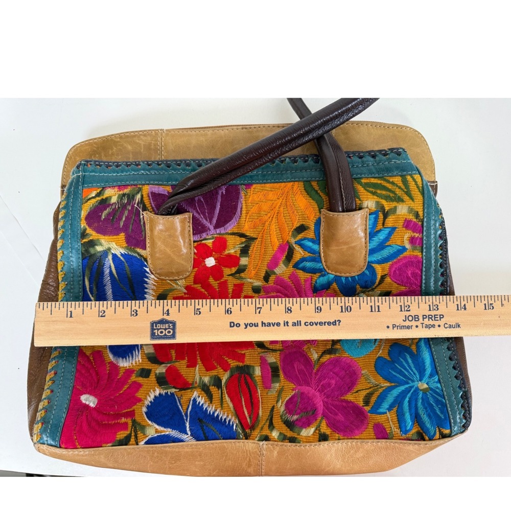 Handmade Leather Satchel Handbag Floral Embroidered Boho Artisan Multicolor - Picture 7 of 15